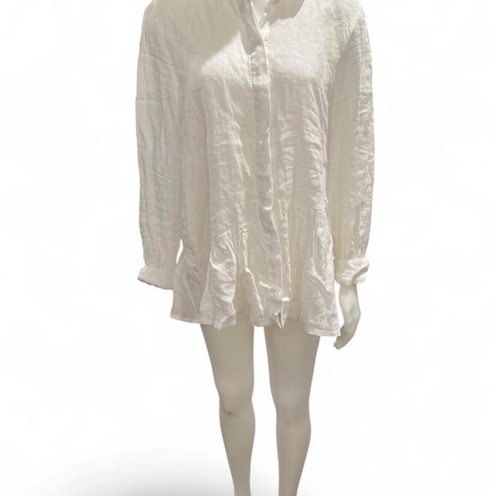 Flax White linen shirt with ruffle hem, size S